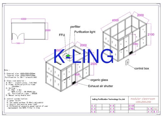Modulärer Reinraum mit HEPA-Filter 99,99% @ 0,3UM Anpassungsgröße und integriertes HVAC-System